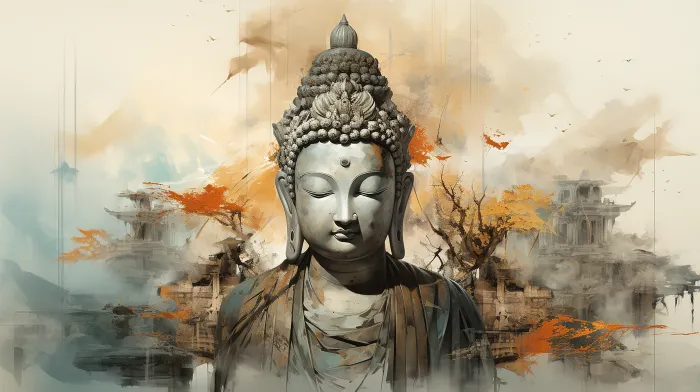 Serene Lord Buddha in deep meditation amidst a dreamlike abstract landscape with golden autumn leaves and mist. | PrintPosters.in